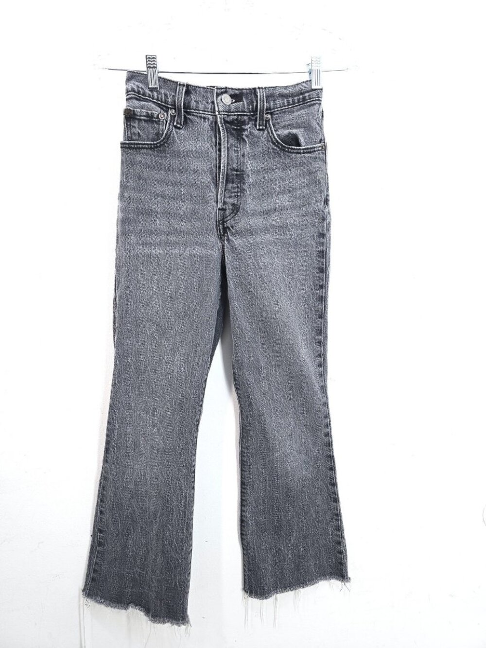 Levis Premium Washed Black Ribcage Flare Buttonfly Raw Hem Cropped Denim Jean 25